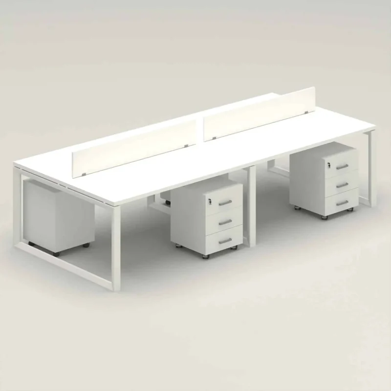 Club Workstation desk for 4 People, Office Furniture Workstation Desks, office desk by Iconic office Furniture Dubai made of Table top, wooden legs, privacy panel and hanging drawers.