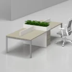 Office furniture workstation desk has custom made space for planters also made with metal leg