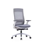 Grey ergonomic chair with metal chrome finish base and adjustable armrests.