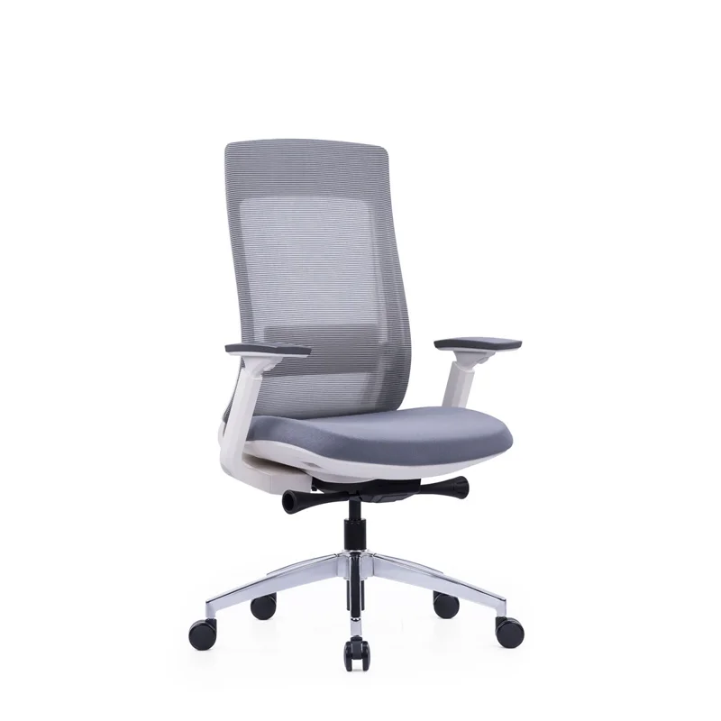 Grey ergonomic chair with metal chrome finish base and adjustable armrests.