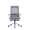 Grey ergonomic chair with metal chrome finish base and adjustable armrests.