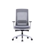 Grey ergonomic chair with metal chrome finish base and adjustable armrests.