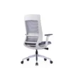 Grey ergonomic chair with metal chrome finish base and adjustable armrests.