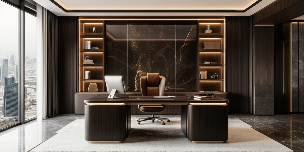 A luxurious executive desk in a modern Dubai office setting, representing the journey from concept to final product.