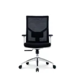 Sella Mesh Chair in black with a white frame, adjustable lumbar support, and aluminum base.