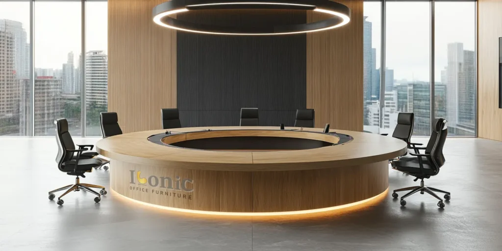 A sleek and stylish custom-made modern conference table in an office setting, showcasing iconic office furniture.