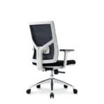 Sella Mesh Chair in black with a white frame, adjustable lumbar support, and aluminum base.