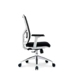 Sella Mesh Chair in black with a white frame, adjustable lumbar support, and aluminum base.