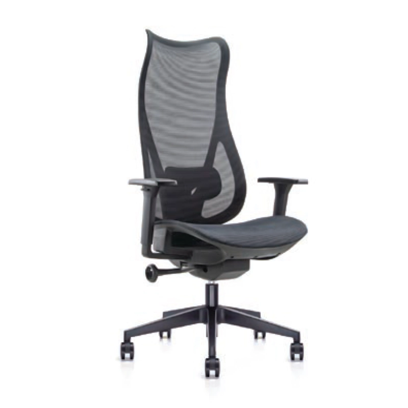 Swivel High Back Chair with black mesh backrest, adjustable lumbar support, and nylon base.