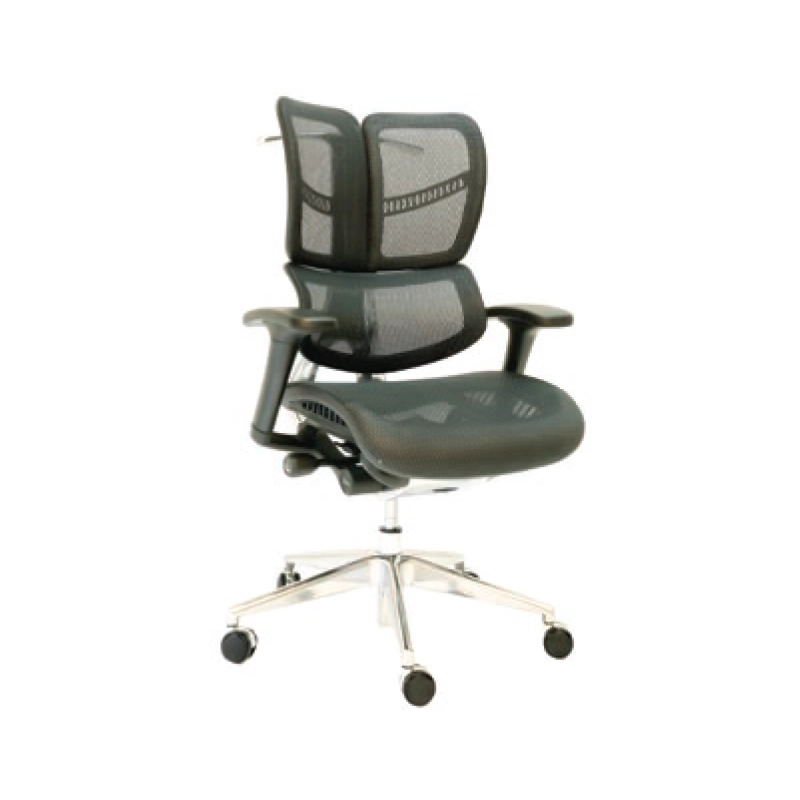 Daisy medium back chair with Korean mesh seat, adjustable 4D chrome arms, aluminum swivel base, and adjustable headrest with jacket holder.