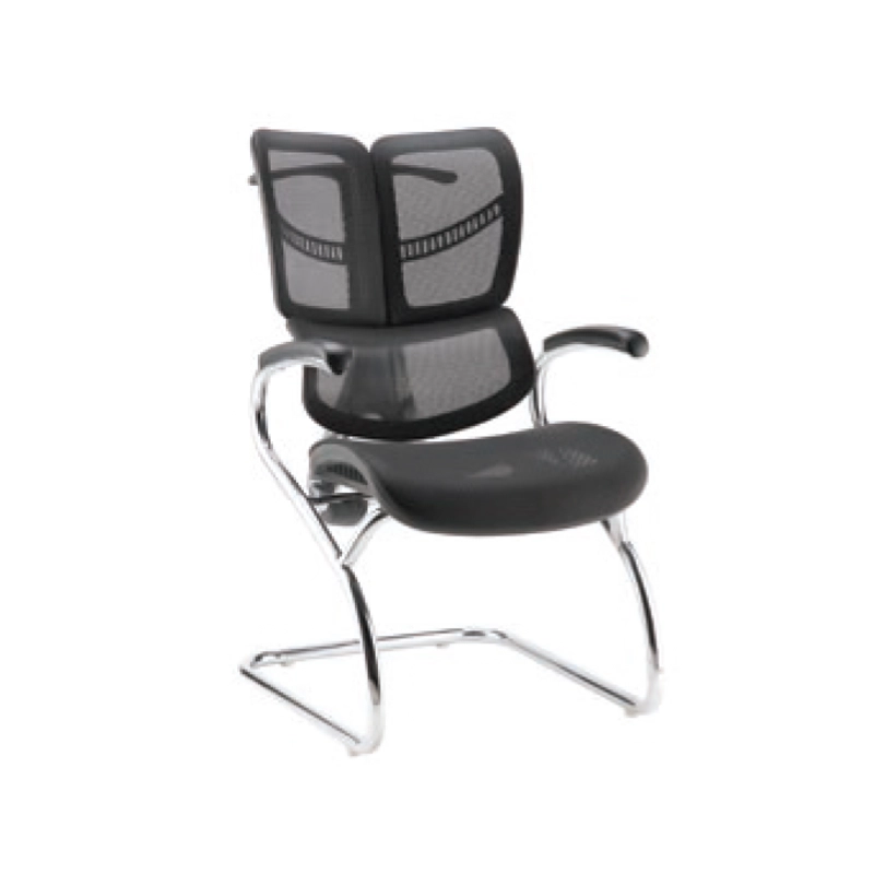 Daisy visitor chair with Korean mesh seat, adjustable 4D chrome arms, aluminum swivel base, and adjustable headrest with jacket holder.